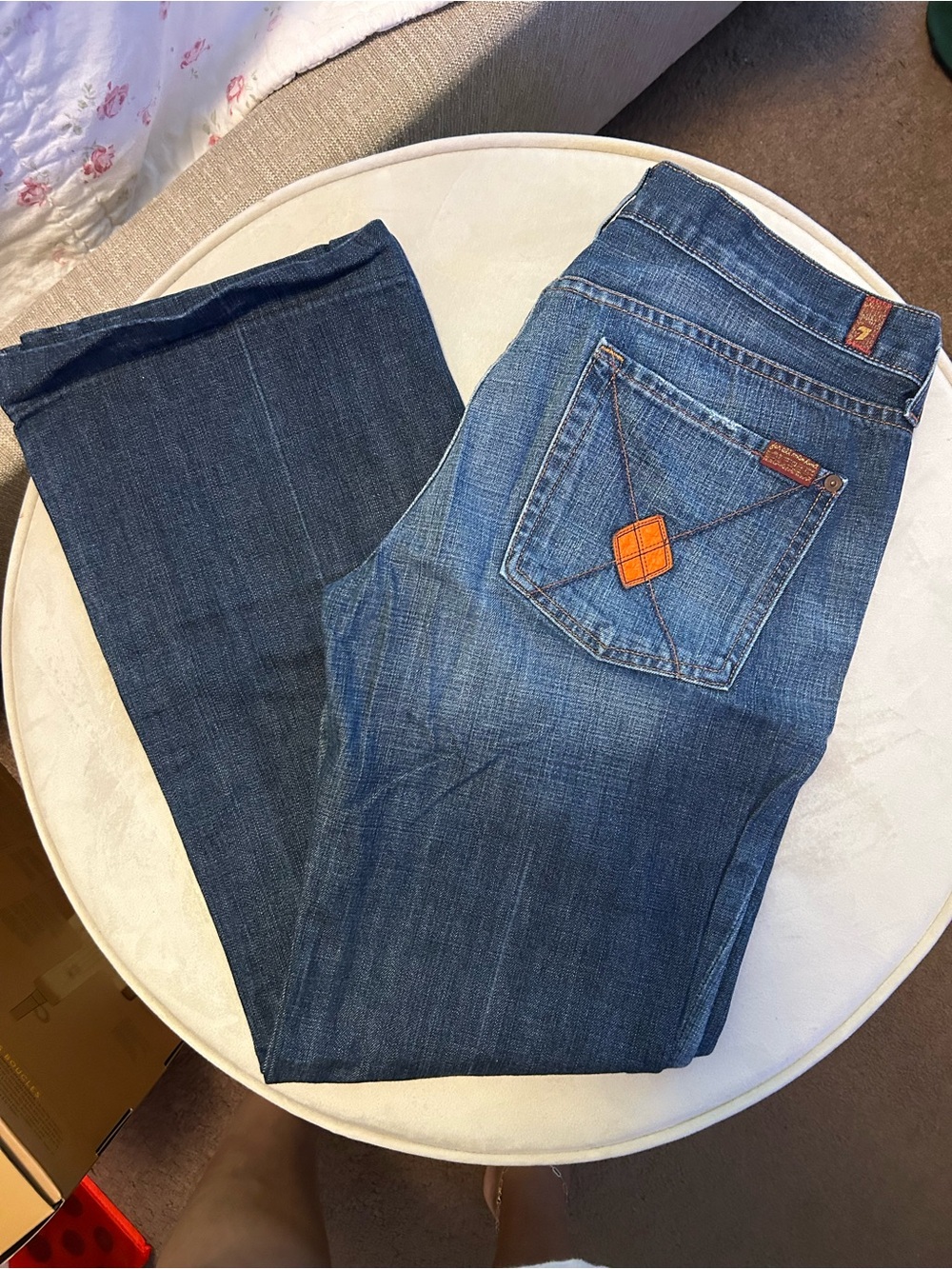 7 For All Mankind Women’s Bootcut Jeans in Medium Blue with Orange pocket Accen
